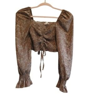 Blush J Style T3070 Brown Floral‎ Smocked Ruched Front Puff Sleeve Crop Top S